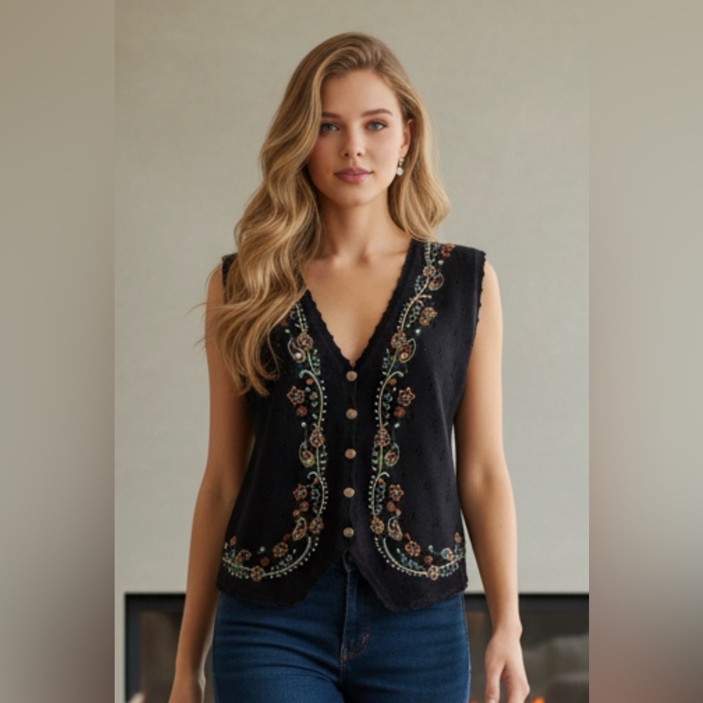 Vintage Jantzen Black Embroidered by Hand Sleeveless Blouse